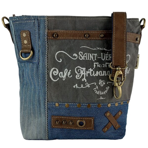 Sunsa Damentasche aus Upcycling Jeans. Umhängetasche mit Vintage Druckmotive