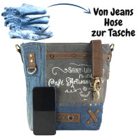 Sunsa Damentasche aus Jeansstoff. Umhängetasche mit Vintage Druckmotive