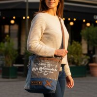 Sunsa Damentasche aus Upcycling Jeans. Umhängetasche mit Vintage Druckmotive
