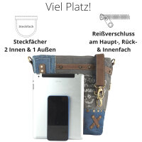 Sunsa Damentasche aus Upcycling Jeans. Umhängetasche mit Vintage Druckmotive