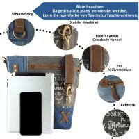 Sunsa Damentasche aus Upcycling Jeans. Umhängetasche mit Vintage Druckmotive