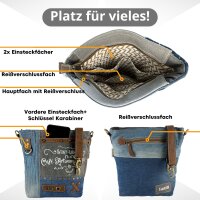 Sunsa Damentasche aus Upcycling Jeans. Umhängetasche mit Vintage Druckmotive