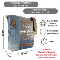 Sunsa Damentasche aus Upcycling Jeans. Umhängetasche mit Vintage Druckmotive
