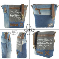 Sunsa Damentasche aus Upcycling Jeans. Umhängetasche mit Vintage Druckmotive