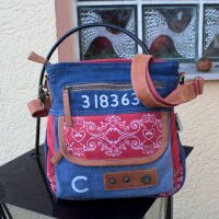 Sunsa Damen Canvas Umhängetasche/ Crossbody, Tasche aus rote Canvas & Upcycling Jeans