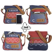 Sunsa Damen Canvas Umhängetasche/ Crossbody, Tasche aus rote Canvas & Upcycling Jeans