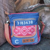 Sunsa Damen Canvas Umhängetasche/ Crossbody, Tasche aus rote Canvas & Upcycling Jeans