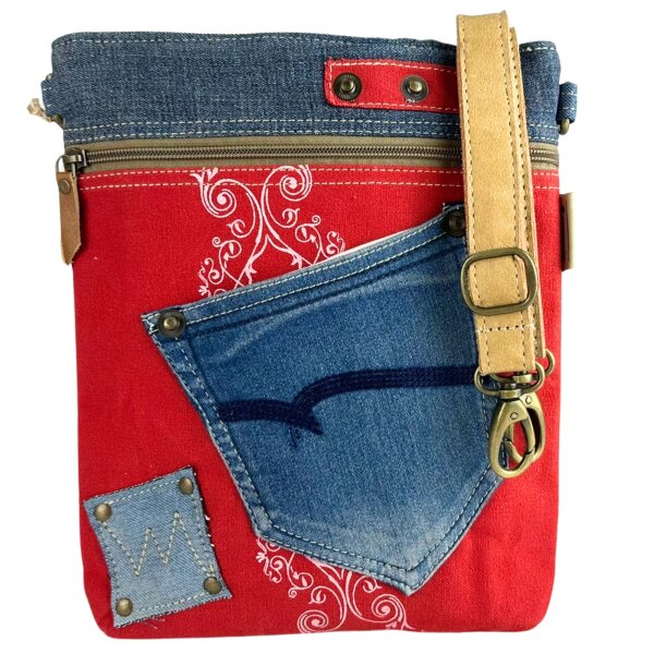 Sunsa Umhängetasche aus rote Canvas & Jeansstoff. Crossbody Bag