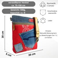 Sunsa Umhängetasche aus rote Canvas & Jeansstoff. Crossbody Bag