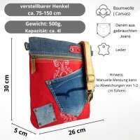 Sunsa Umhängetasche aus rote Canvas & Upcycling Jeans. Crossbody Bag