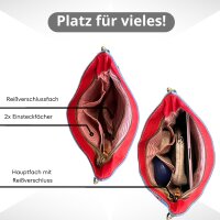 Sunsa Umhängetasche aus rote Canvas & Upcycling Jeans. Crossbody Bag