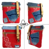 Sunsa Umhängetasche aus rote Canvas & Upcycling Jeans. Crossbody Bag