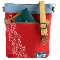 Sunsa Umhängetasche aus rote Canvas & Upcycling Jeans. Crossbody Bag