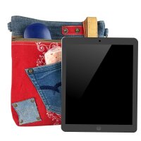 Sunsa Umhängetasche aus rote Canvas & Upcycling Jeans. Crossbody Bag