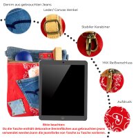 Sunsa Umhängetasche aus rote Canvas & Upcycling Jeans. Crossbody Bag