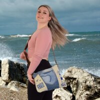Sunsa Damen Umhängetasche aus beigem Canvas & Upcycling Jeans. Crossbody Tasche