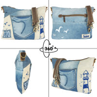 Sunsa Damen Umhängetasche aus beigem Canvas & Upcycling Jeans. Crossbody Tasche
