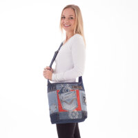 Sunsa Damen Hobo Umhängetasche aus Jeansstoff & rote Canvas. Damentasche