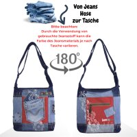 Sunsa Damen Hobo Umhängetasche aus Upcycling Jeans & rote Canvas. Damentasche