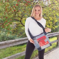 Sunsa Damen Hobo Umhängetasche aus Upcycling Jeans & rote Canvas. Damentasche