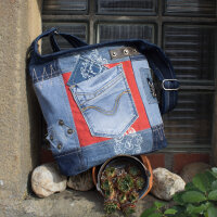 Sunsa Damen Hobo Umhängetasche aus Upcycling Jeans & rote Canvas. Damentasche