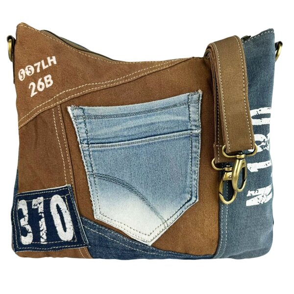 Sunsa Damen Umhängetasche aus braune Canvas & Upcycling Jeans. Crossbody Tasche