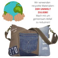 Sunsa Damen Umhängetasche aus braune Canvas & recycelter Jeans. Nachhaltige Crossbody Tasche