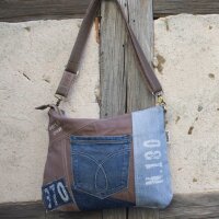 Sunsa Damen Umhängetasche aus braune Canvas & Upcycling Jeans. Crossbody Tasche