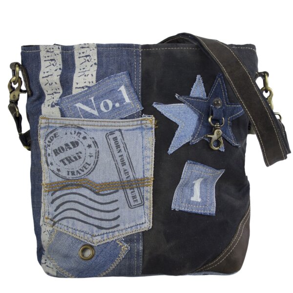 Sunsa Umhängetasche aus recycelter Jeans und schwarzem Canvas. Nachhaltige Damen Crossbody Bag