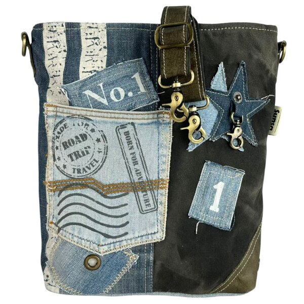 Sunsa Umhängetasche aus Upcycling Jeans und schwarzem Canvas. Damen Crossbody Bag