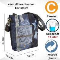 Sunsa Umhängetasche aus recycelter Jeans und schwarzem Canvas. Nachhaltige Damen Crossbody Bag