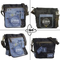 Sunsa Umhängetasche aus recycelter Jeans und schwarzem Canvas. Nachhaltige Damen Crossbody Bag