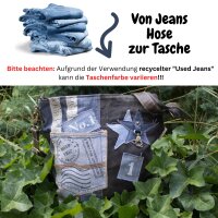 Sunsa Umhängetasche aus recycelter Jeans und schwarzem Canvas. Nachhaltige Damen Crossbody Bag