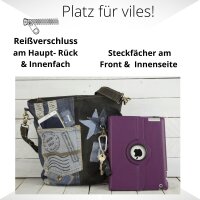 Sunsa Umhängetasche aus recycelter Jeans und schwarzem Canvas. Nachhaltige Damen Crossbody Bag