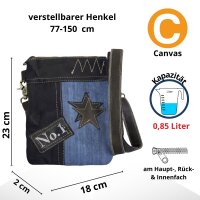 Sunsa kleine Umhängetasche aus recycelter Jeans und schwarzem Canvas.