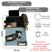 Sunsa kleine Umhängetasche aus Upcycling Jeans und schwarzem Canvas.
