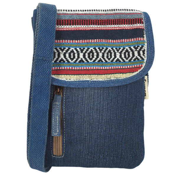 Sunsa Damen Handy Tasche, kleine Umhängetasche aus Upcycling Jeans & gewebte Baumwolle. Vegane Crossover bag mit Streifen