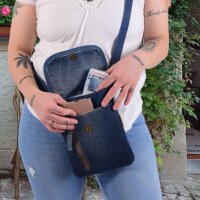 Sunsa  Damen Handy Tasche, kleine Umhängetasche aus recycelte Jeans & gewebte Baumwolle. Vegane Crossover bag mit Streifen