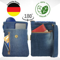 Sunsa Damen Handy Tasche, kleine Umhängetasche aus Upcycling Jeans & gewebte Baumwolle. Vegane Crossover bag mit Streifen