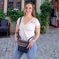 Sunsa Damen Handy Tasche, kleine Umhängetasche aus Upcycling Jeans & gewebte Baumwolle. Vegane Crossover bag mit Streifen