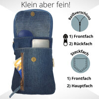 Sunsa Damen Handy Tasche, kleine Umhängetasche aus Upcycling Jeans & gewebte Baumwolle. Vegane Crossover bag mit Streifen