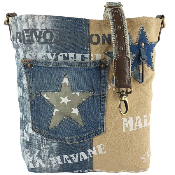Sunsa Vintage Umhängetasche aus Upcycling Jeans & Canvas. Damen Crossbody Bag
