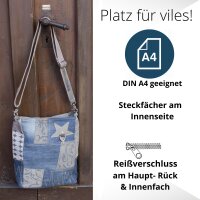 Sunsa Damen Umhängetasche in Patchwork Design. Crossbody aus Canvas & Upcycling Jeans