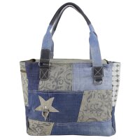 Sunsa Damenhandtasche aus Upcycling Jeans & graue Canvas. Shopper in Patchwork Design