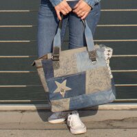 Sunsa Damenhandtasche aus Upcycling Jeans & graue Canvas. Shopper in Patchwork Design