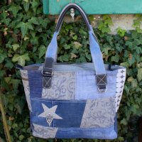 Sunsa Damenhandtasche aus Upcycling Jeans & graue Canvas. Shopper in Patchwork Design