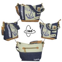 Sunsa Damen Canvas Tasche Umhängetasche stone washed Jeans Schultertasche Maritim blau Anker