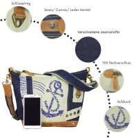 Sunsa Damen Canvas Tasche Umhängetasche stone washed Jeans Schultertasche Maritim blau Anker