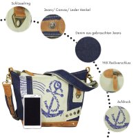 Sunsa Damen Canvas Tasche Umhängetasche stone washed Jeans Schultertasche Maritim blau Anker