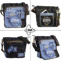 Sunsa Messenger Umhängetasche aus recycelter Jeans und schwarzem Canvas. Nachhaltige Tasche
